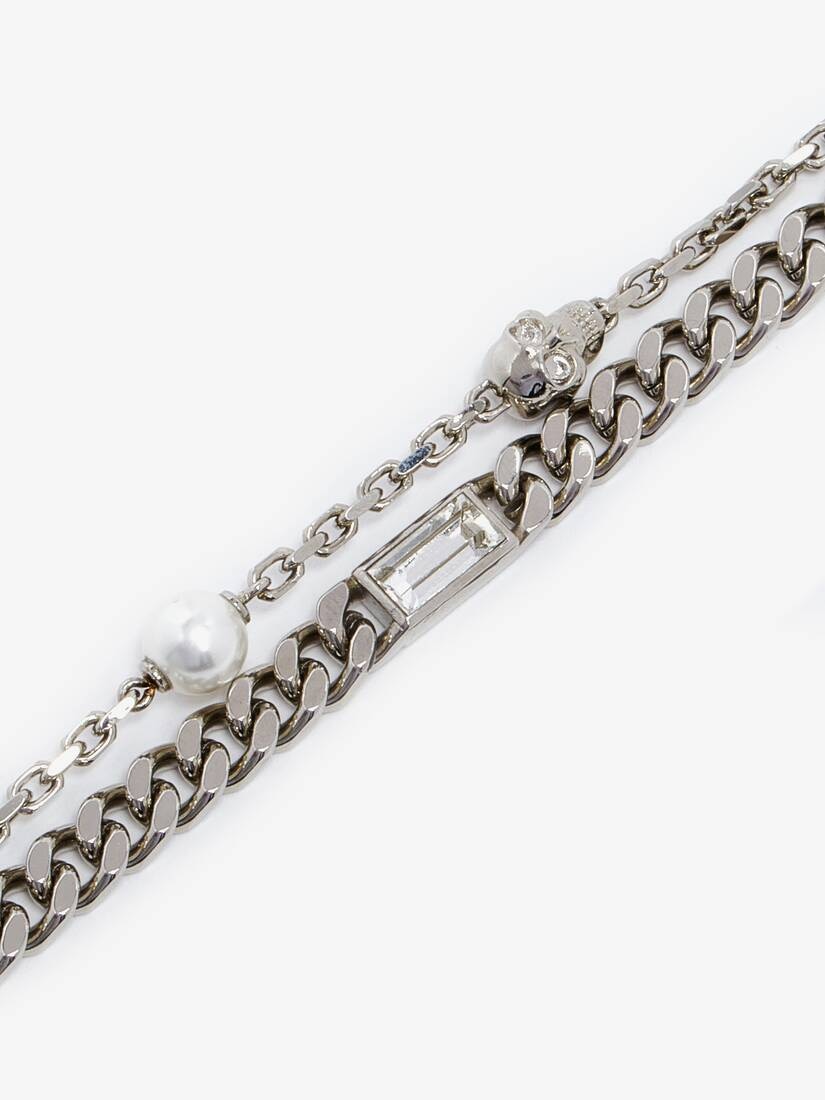 Skull & Pearl Layered Chain Bracelet
