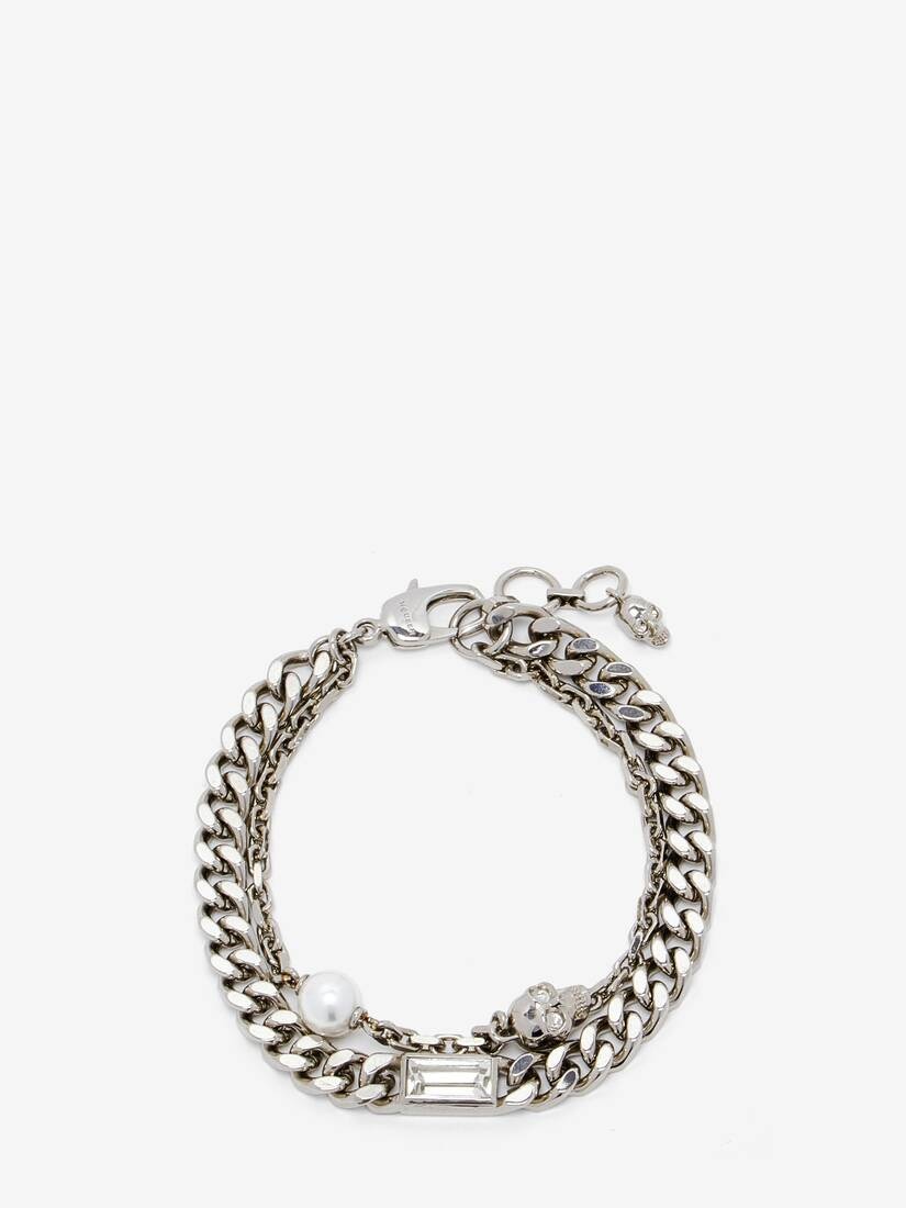 Skull & Pearl Layered Chain Bracelet