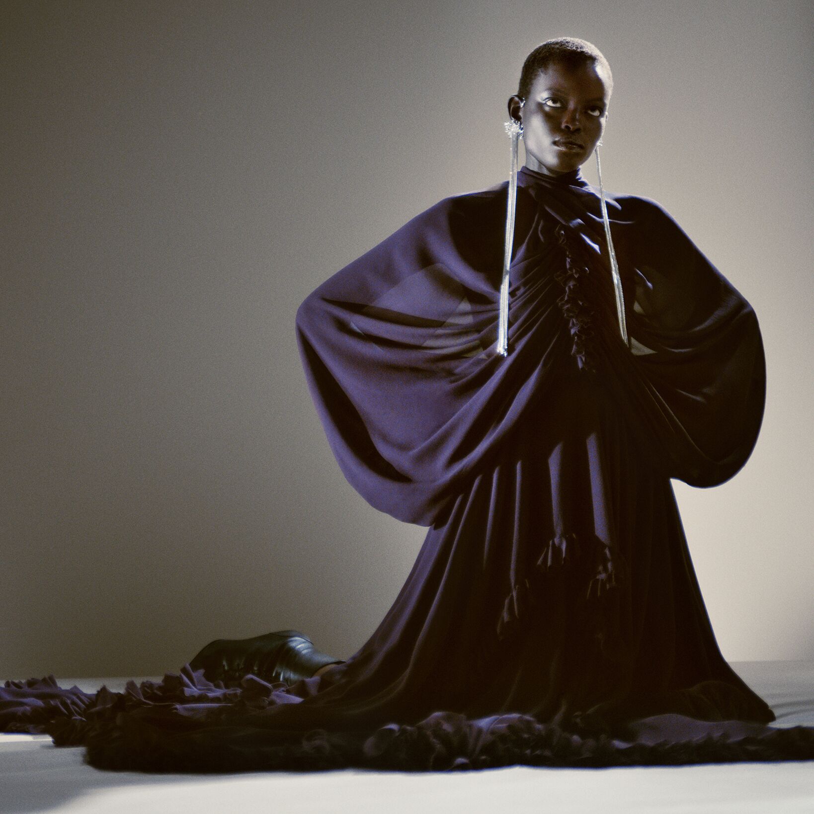 Alexander McQueen evening dress and McQueen earrings