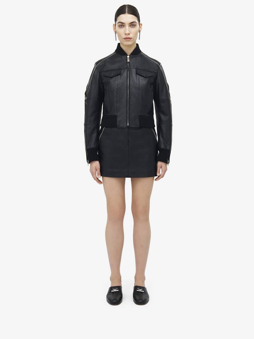 Zip Detail Leather Bomber Jacket