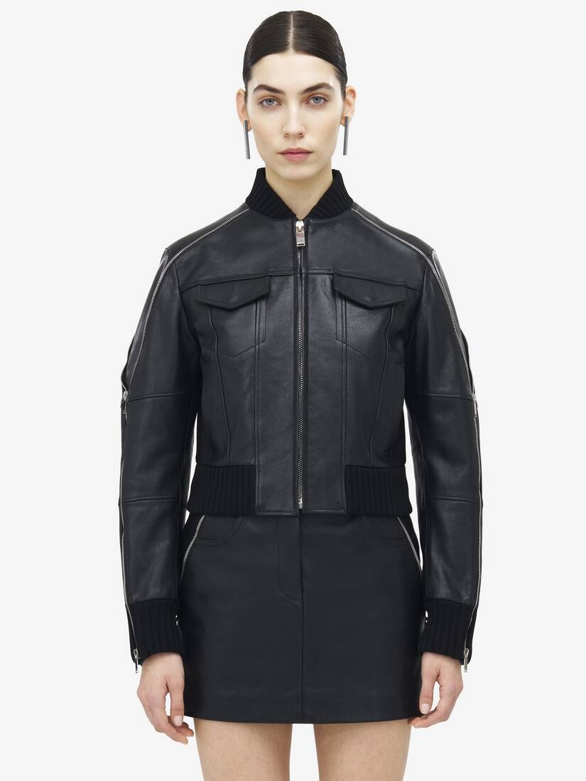 Zip Detail Leather Bomber Jacket