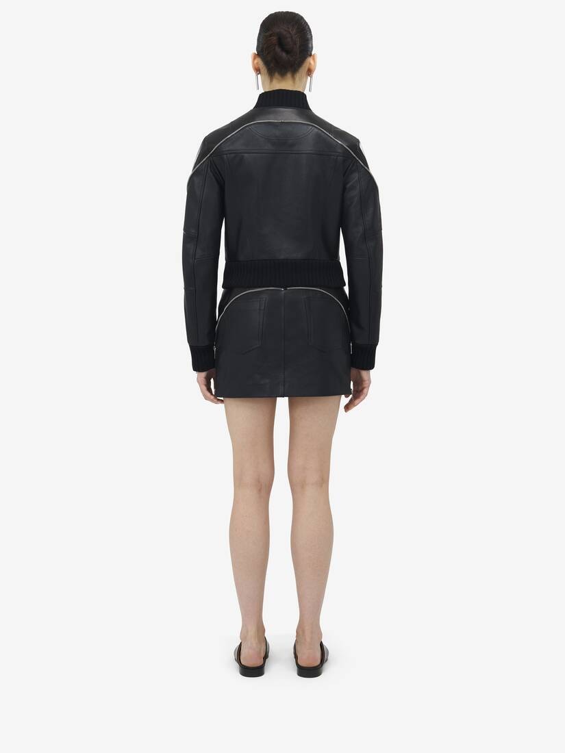 Zip Detail Leather Bomber Jacket