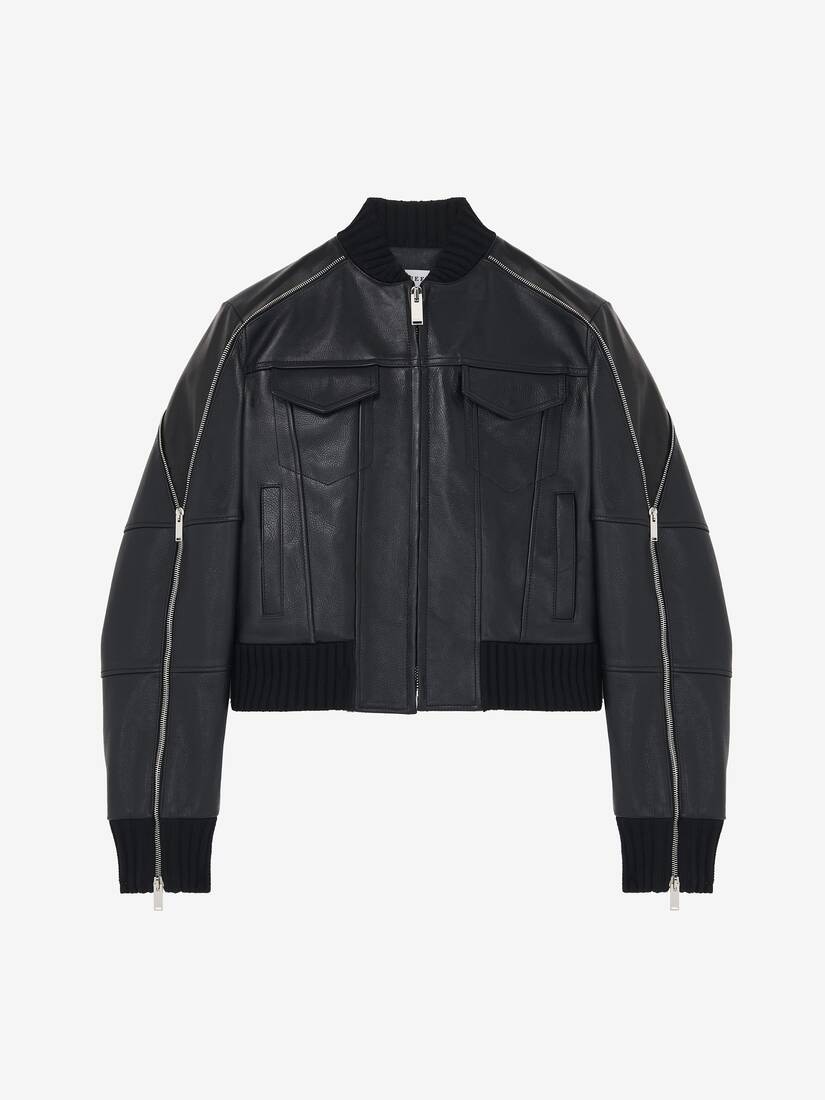 Zip Detail Leather Bomber Jacket